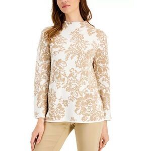 JM Collection Printed Funnel-Neck Sweater – White & Gold | Size S | NWT